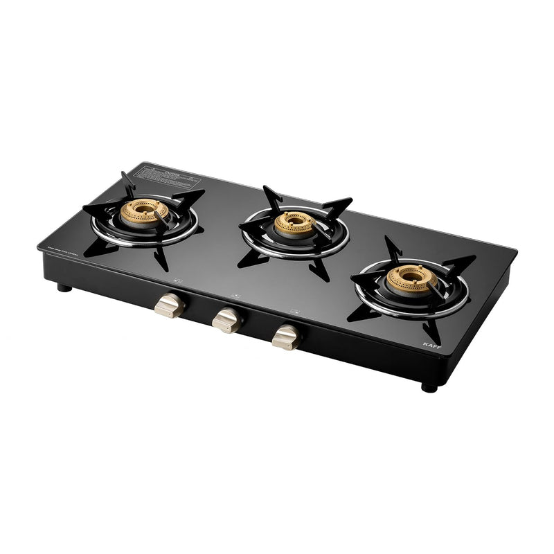Kaff CTC 77 3B Gas Stove/Cooktop 3 Burners with Manual Ignition 77 CM, High Efficiency Brass Burners, Black Tempered Gla