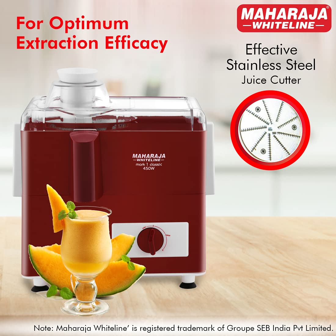 Maharaja Whiteline Mark 1 Classic Juice Extractor, 450 Watt, Cherry Red & White, Superior Stainless Steel Mesh And Juice Cutter, Medium (Mark-1 Classic/Je-106), 450 Watt