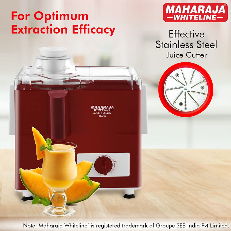 Maharaja Whiteline Mark 1 Classic Juice Extractor, 450 Watt, Cherry Red & White, Superior Stainless Steel Mesh And Juice Cutter, Medium (Mark-1 Classic/Je-106), 450 Watt