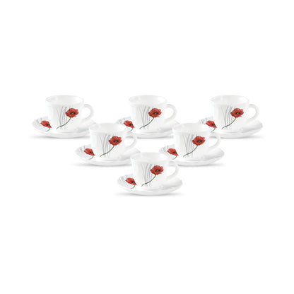 La Opala Diva, Opal Glass Crockery | Cup & Saucer Tulip Regular, Set of 12 | Grace Red, 160 ml | for Tea & Coffee | Microwave Safe | 100% Vegetarian | Extra Strong | Super Light | Super White