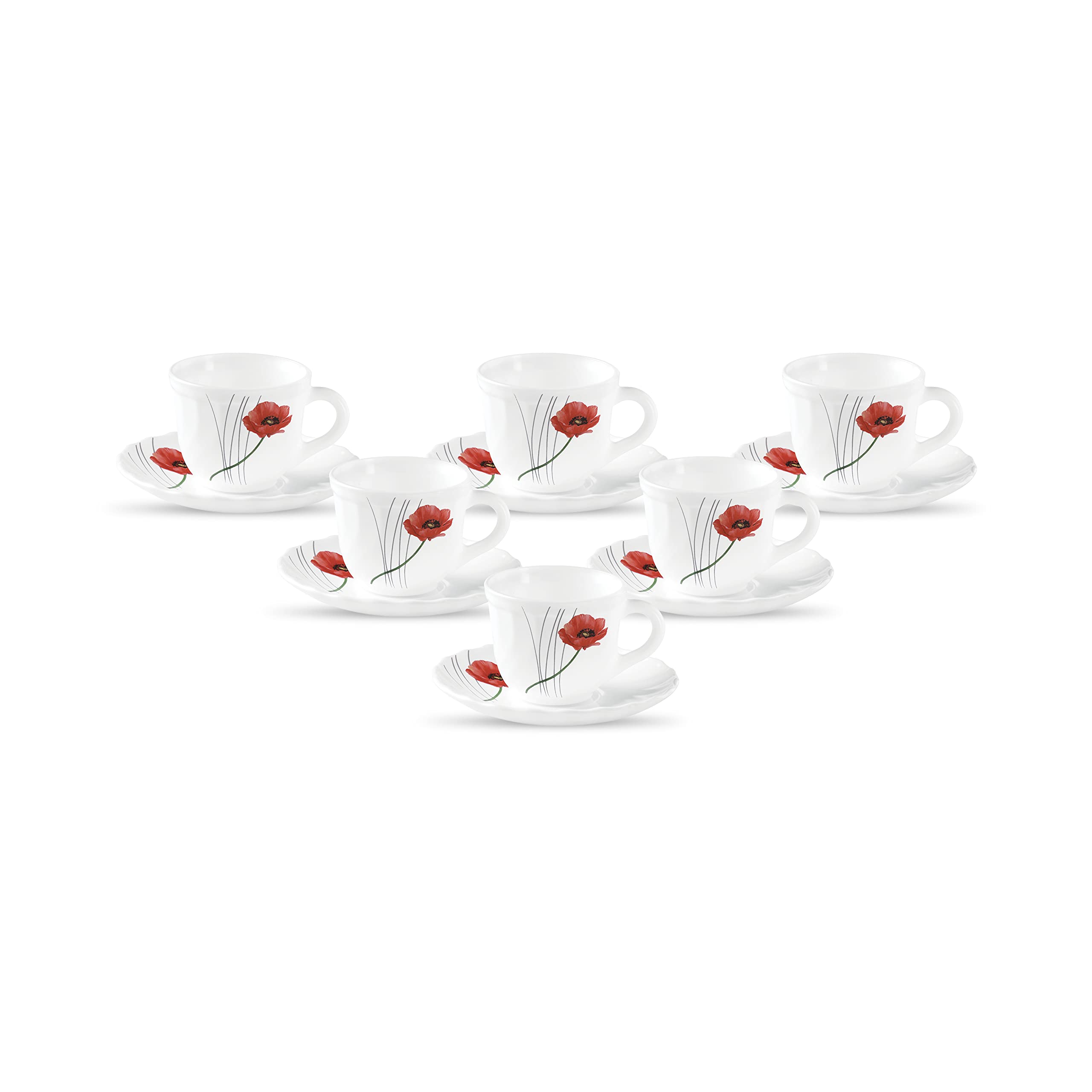 La Opala Diva, Opal Glass Crockery | Cup & Saucer Tulip Regular, Set of 12 | Twilight Bouquet, 160 ml | for Tea & Coffee | Microwave Safe | 100% Vegetarian | Extra Strong | Super Light | Super White