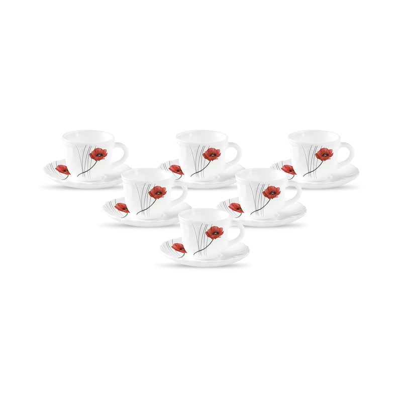 La Opala Diva, Opal Glass Crockery | Cup & Saucer Tulip Regular, Set of 12 | Golden Fall, 160 ml | for Tea & Coffee | Microwave Safe | 100% Vegetarian | Extra Strong | Super Light | Super White