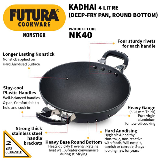 Hawkins Futura 4 Litre Deep Fry Pan, Non Stick Kadai, Round Bottom Kadhai, Big Non Stick Kadai, Black (NK40)
