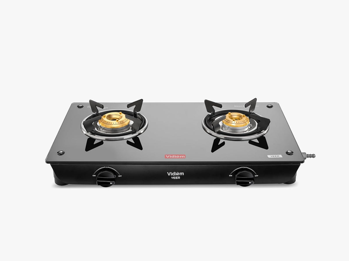 Vidiem VEER 2 Burner Gas Stove with 7mm Toughened Glass Top | Medium & Small Brass Burners | Spill Proof Drip Trays | He