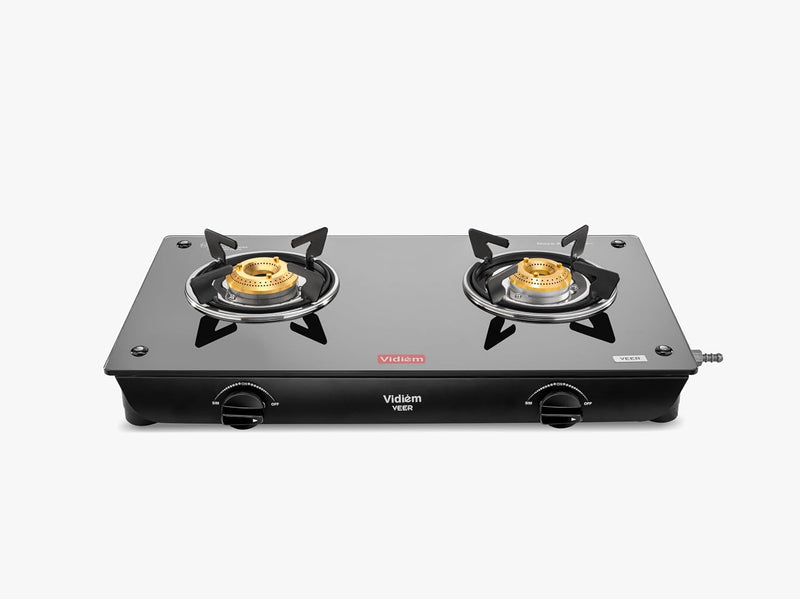 Vidiem VEER 2 Burner Gas Stove with 7mm Toughened Glass Top | Medium & Small Brass Burners | Spill Proof Drip Trays | He