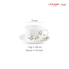 La Opala Diva, Pearl Collection Opal Glass Crockery | Cup & Saucer, Set of 12 | Zen Garden, 160 ml | for Tea & Coffee | Microwave Safe | 100% Vegetarian | Extra Strong | Super Light | Super White