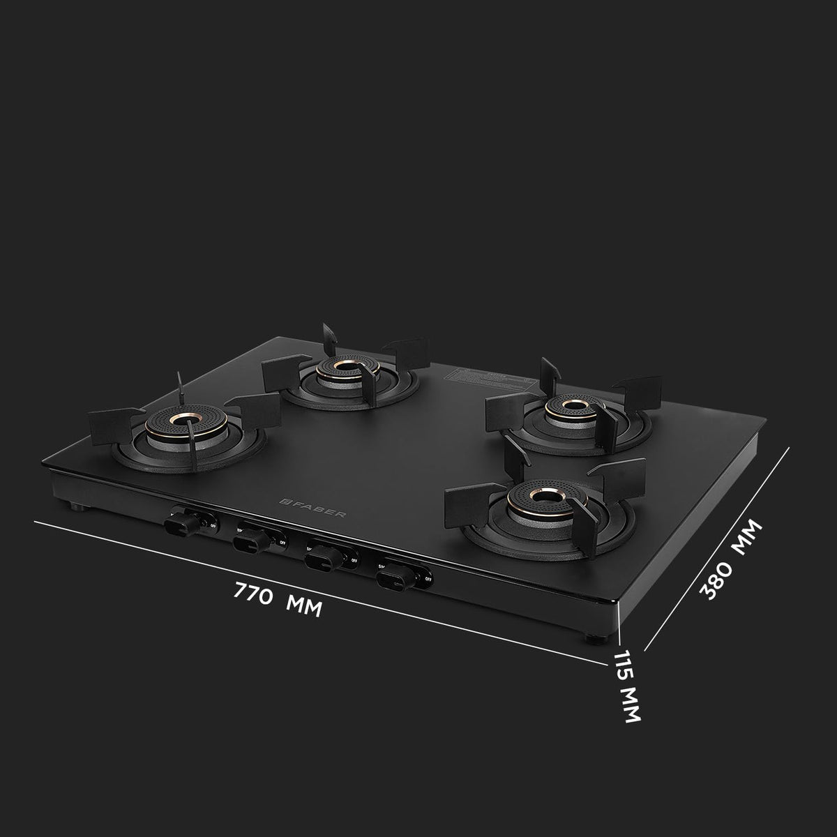 Faber Nebula Black Matt Finish Cooktop |4 Brass Burners - Jumbo, 2 Medium & Small | Manual Ignition| Heavy Pan Support w
