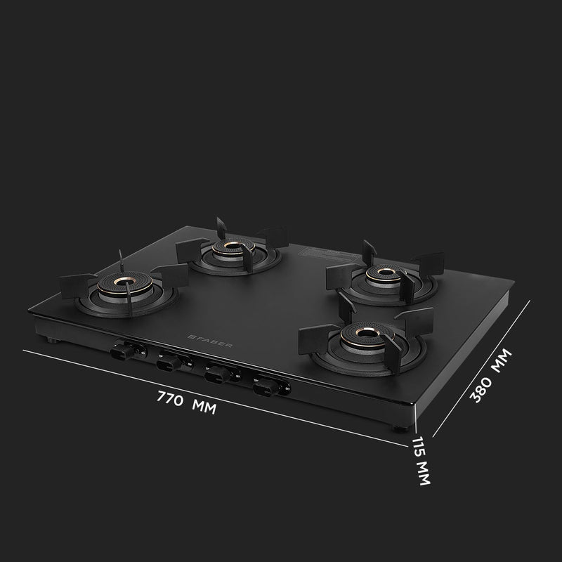 Faber Nebula Black Matt Finish Cooktop |4 Brass Burners - Jumbo, 2 Medium & Small | Manual Ignition| Heavy Pan Support w