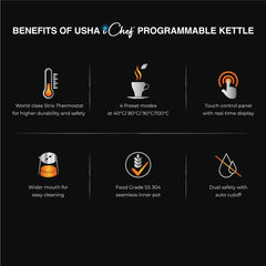 Usha ICHEF Programmable Kettle 2000 Watt| 1.5L | Digital LED Display & Touch control | Double wall for protection from hot exterior| 4 Pre-set modes| Safety with auto cut off | 2 Years Warranty(Black)