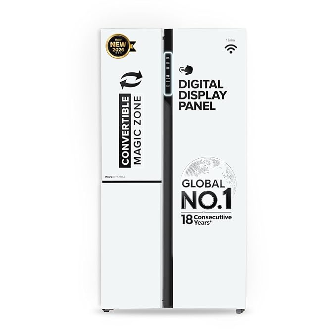 Haier 598 L 3 Star Frost Free Expert Inverter Smart Sense AI enabled 3-Door Side by Side Refrigerator (HRT-683PWGU1, Pearl White Glass, Magic Convertible Zone, Premium Vogue Glass, 2026 Model)