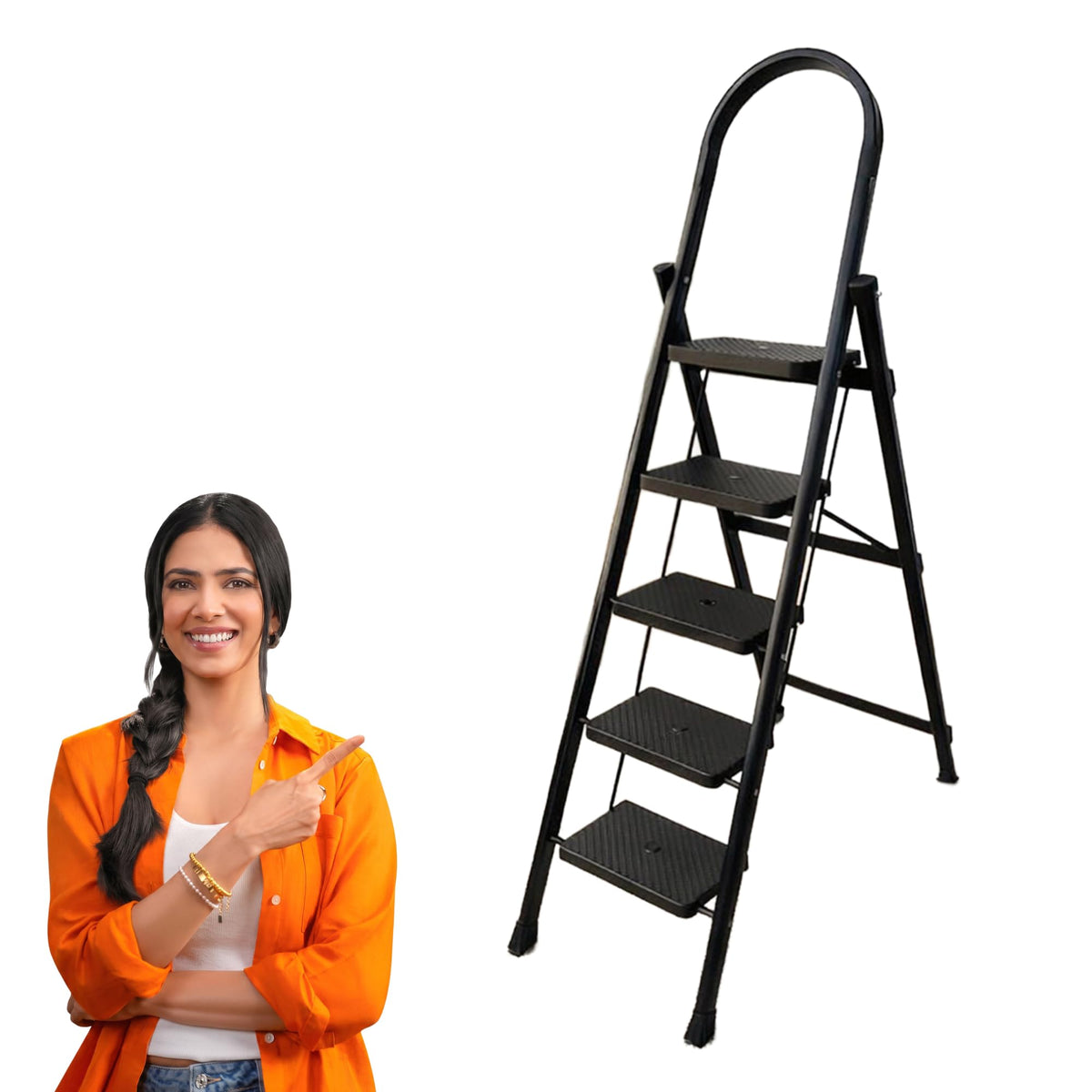 PROHOME Steel Ladder for Home 3 Steps Foldable with Anti-Skid Wide Steps (30cm x 20cm) | 3 Step Ladder for Home Use with D-Shape Rods | Secure Lock | 170 Kg Capacity Folding Ladder | 5 Year Warranty