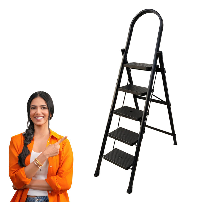 PROHOME Steel Ladder for Home 3 Steps Foldable with Anti-Skid Wide Steps (30cm x 20cm) | 3 Step Ladder for Home Use with D-Shape Rods | Secure Lock | 170 Kg Capacity Folding Ladder | 5 Year Warranty