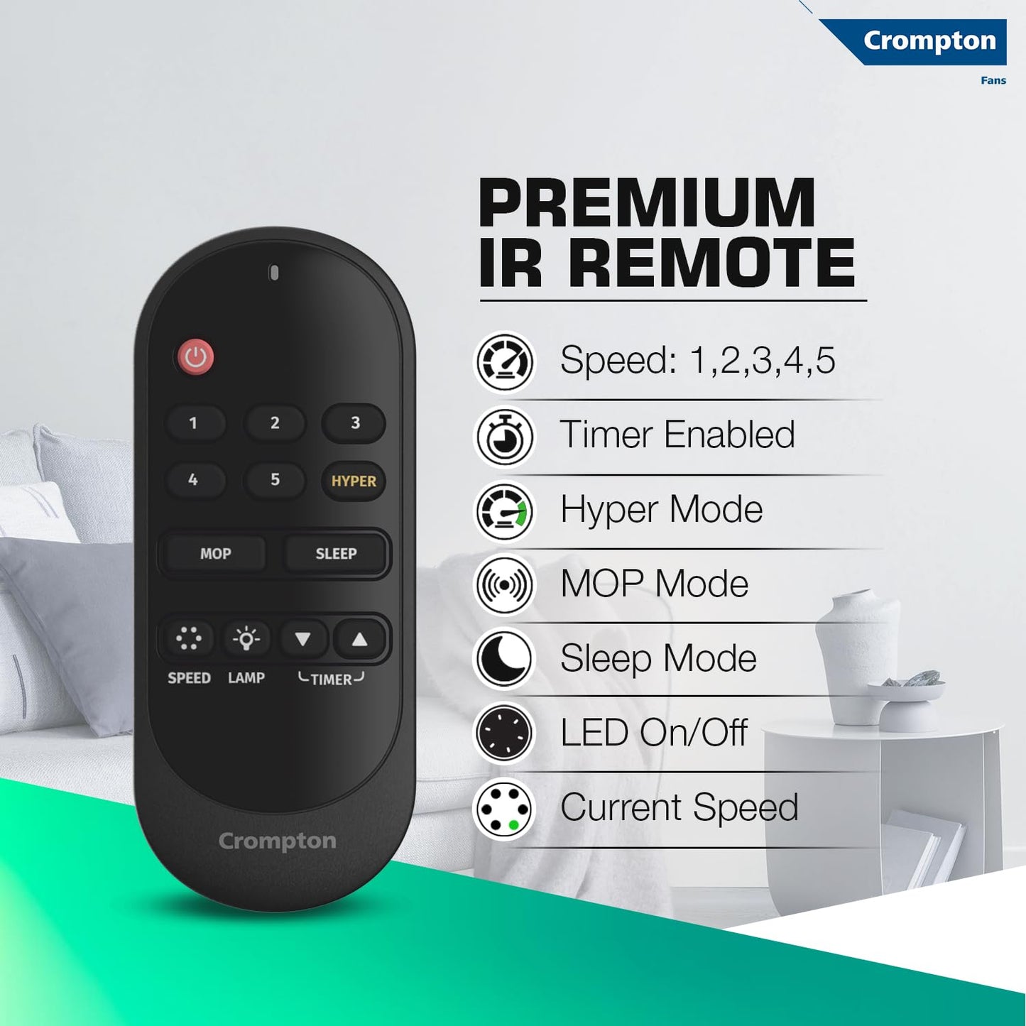 Crompton Energion Niteo 1200 mm BLDC Ceiling Fan | Warm Ambient LED Indicators | Remote Control | BEE 5 Star Energy Rating | Superior Air Delivery | 4 Year Manufacturer Warranty | Matte Black