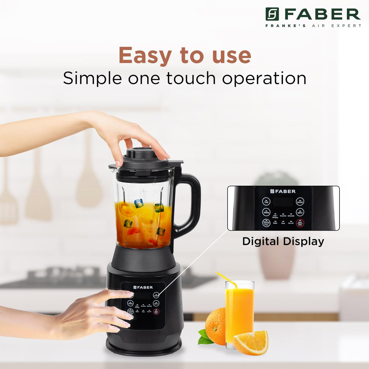 Faber 1800W Digital Power Blender Mixer Grinder |6 Auto Cook Menu|Hot Soup Maker|850W Built-in Heater|Nut Milk|Dry Grind