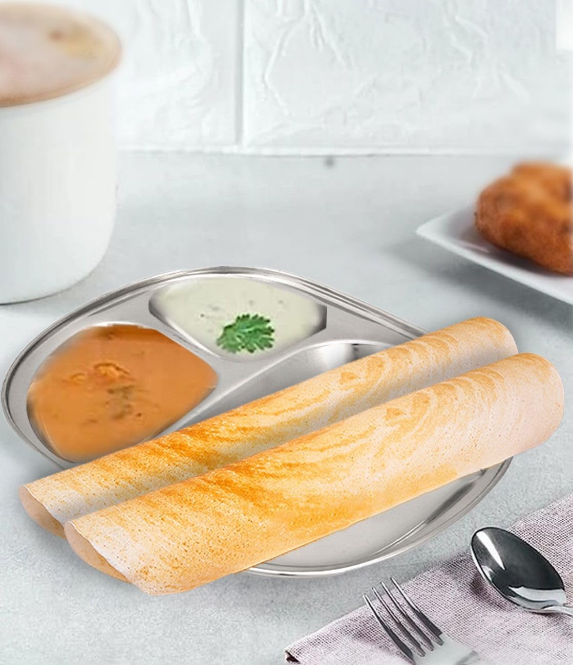 Dynore Stainless Steel 3 in 1 Three Compartment Rectangular Nasta/Snacks/Kids Nasta Plate/Partition Plate- Set of 6