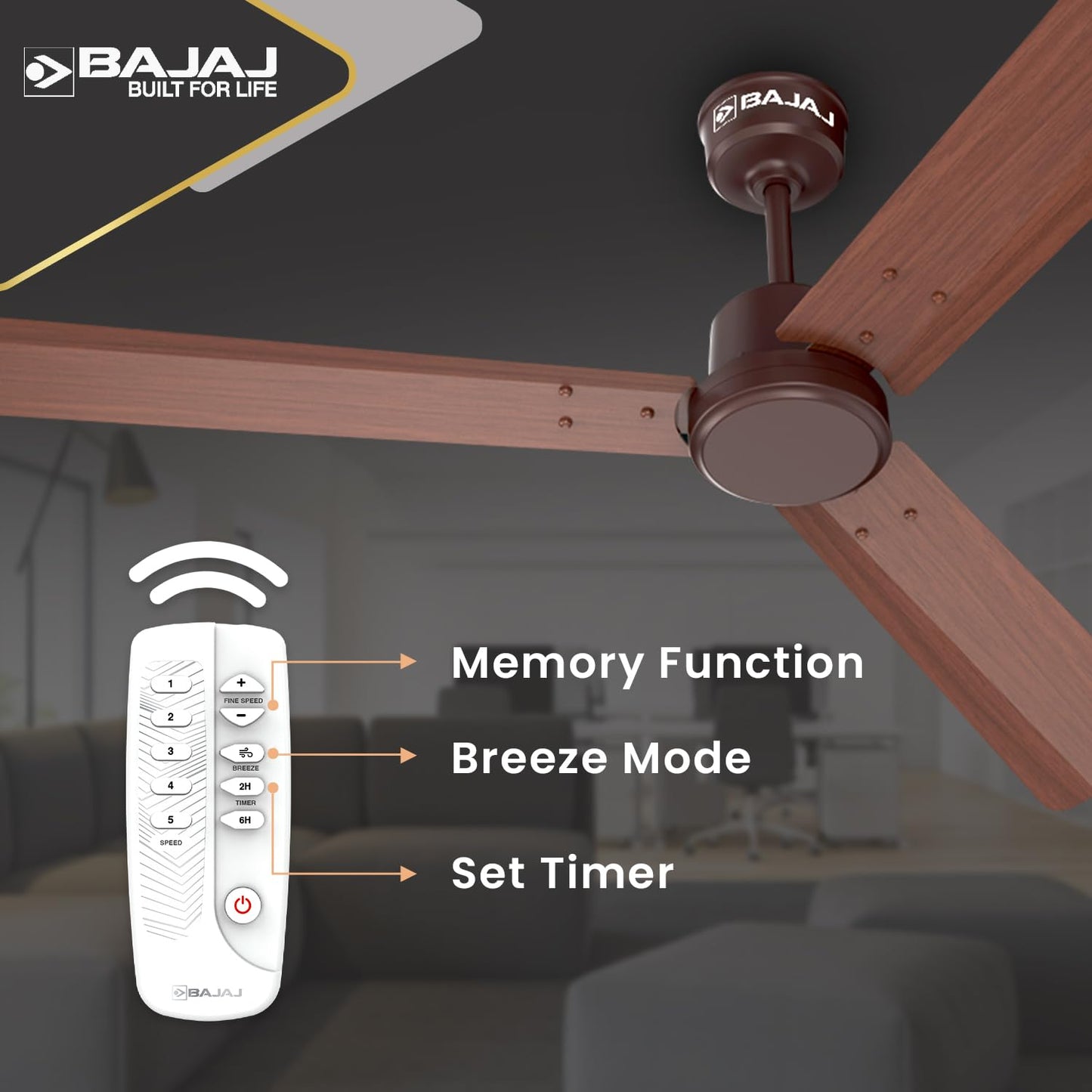 Bajaj Classico Sleek Wood 1200MM (48") BLDC Ceiling Fans For Home | BEE 5 Star Rated Energy Efficient Ceiling Fan | Sleek Compact Design | Wooden Finish | RF Remote | 2-Yr Warranty 【Walnut Wood】