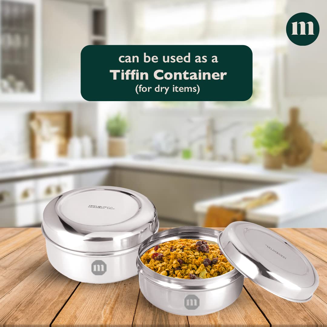 MARU Fridge Storage Containers Stainless Steel set of 4 ((250ml, 450ml, 600ml, 850ml) - Small Round Airtight Food Storage Container, Multipurpose Kitchen Boxes for Leftovers Food, Roti, Chapati & Atta