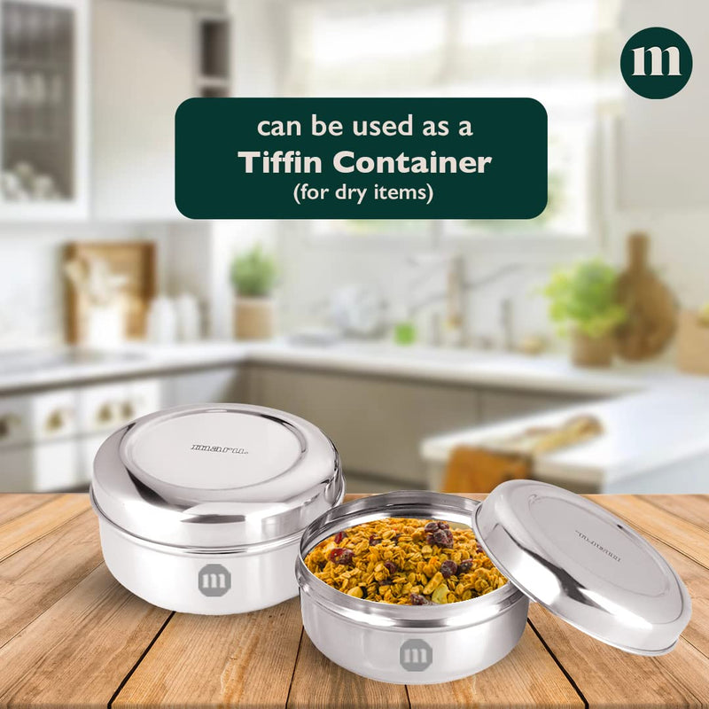 MARU Fridge Storage Containers Stainless Steel set of 4 ((250ml, 450ml, 600ml, 850ml) - Small Round Airtight Food Storage Container, Multipurpose Kitchen Boxes for Leftovers Food, Roti, Chapati & Atta