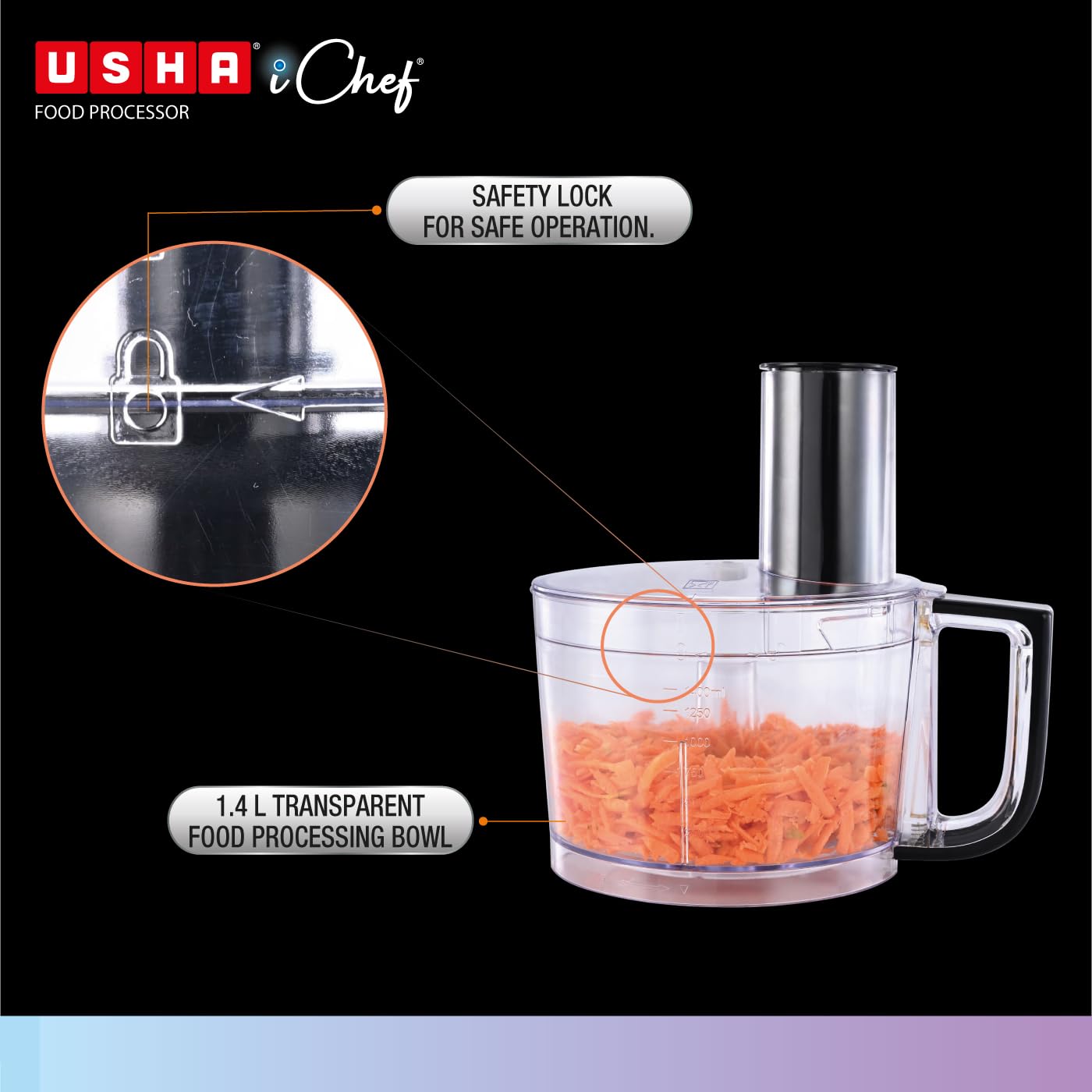 Usha ICHEF Food Processor 800 Watts Copper Motor with 9 Accessories & 8 Functions (BLACK)