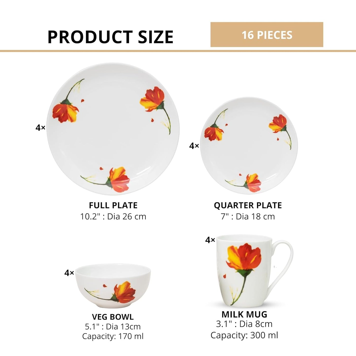 Clay Craft Fine Ceramic Eco Dinner Set, Enchanting Gold, for Family of 4, Dinner Set Ceramic, Crockery Set, Dining Set for Dinner, Crockery Set for Gift, Kitchen Set (ECO3, 16 Pieces)