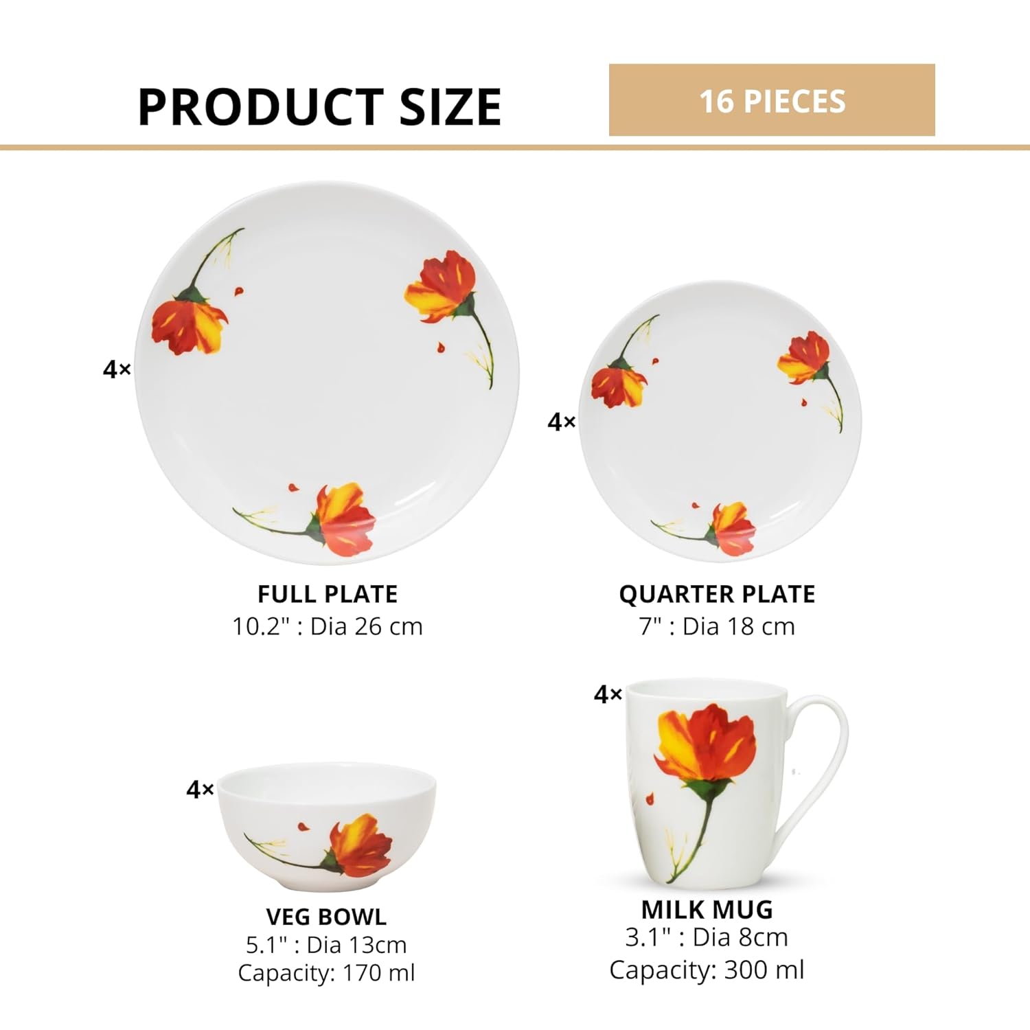 Clay Craft Fine Ceramic Eco Dinner Set, Enchanting Gold, for Family of 4, Dinner Set Ceramic, Crockery Set, Dining Set for Dinner, Crockery Set for Gift, Kitchen Set (ECO3, 16 Pieces)