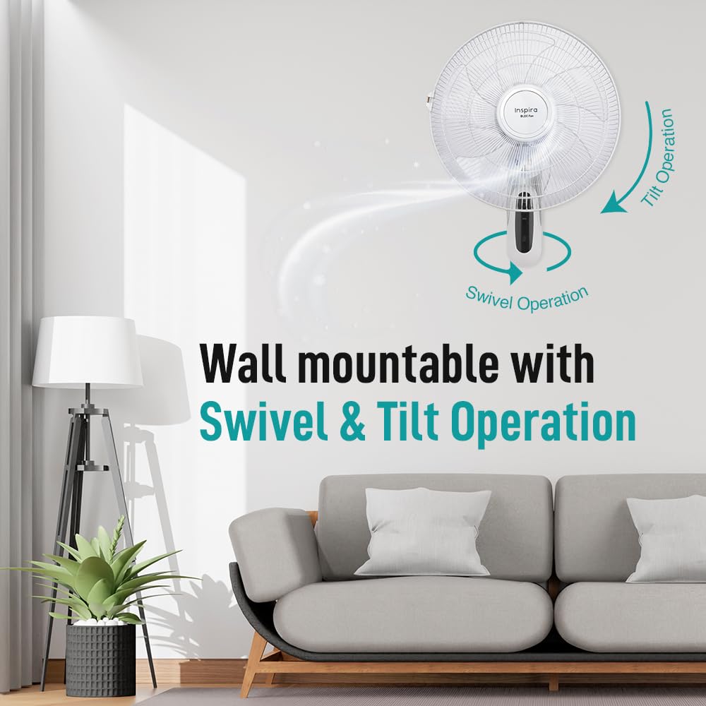 KUHL Inspira W1 400mm Power Saving BLDC Wall Fan with Remote | 28 W | Touch Screen Control Panel with Digital Display | Tilt Mechanism & Swivel Function | Wall Mount | High Air Flow & Low Noise|white