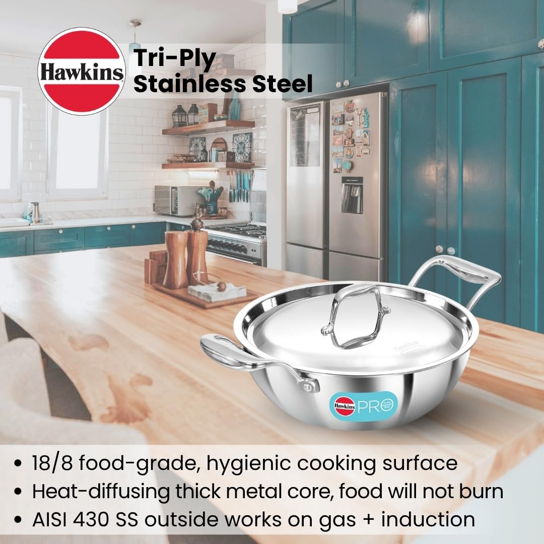 Hawkins Pro 2.5 Litre Deep-Fry Pan, Triply Stainless Steel Kadhai with Stainless Steel Handles and Stainless Steel Lid, Silver (PSK25S)