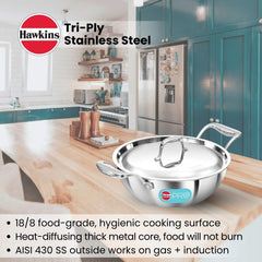 Hawkins Pro 2.5 Litre Deep-Fry Pan, Triply Stainless Steel Kadhai with Stainless Steel Handles and Stainless Steel Lid, Silver (PSK25S)