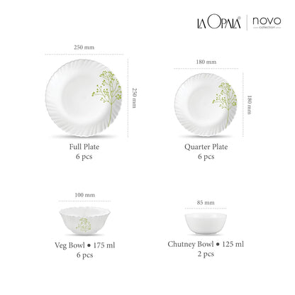 La Opala Novo Collection Opal Glass Crockery | for Family of 6 | Dinner Set 20 pcs Blissful Green | Plates & Bowls for Dining | Microwave Safe | 100% Vegetarian | Extra Strong | Light & White