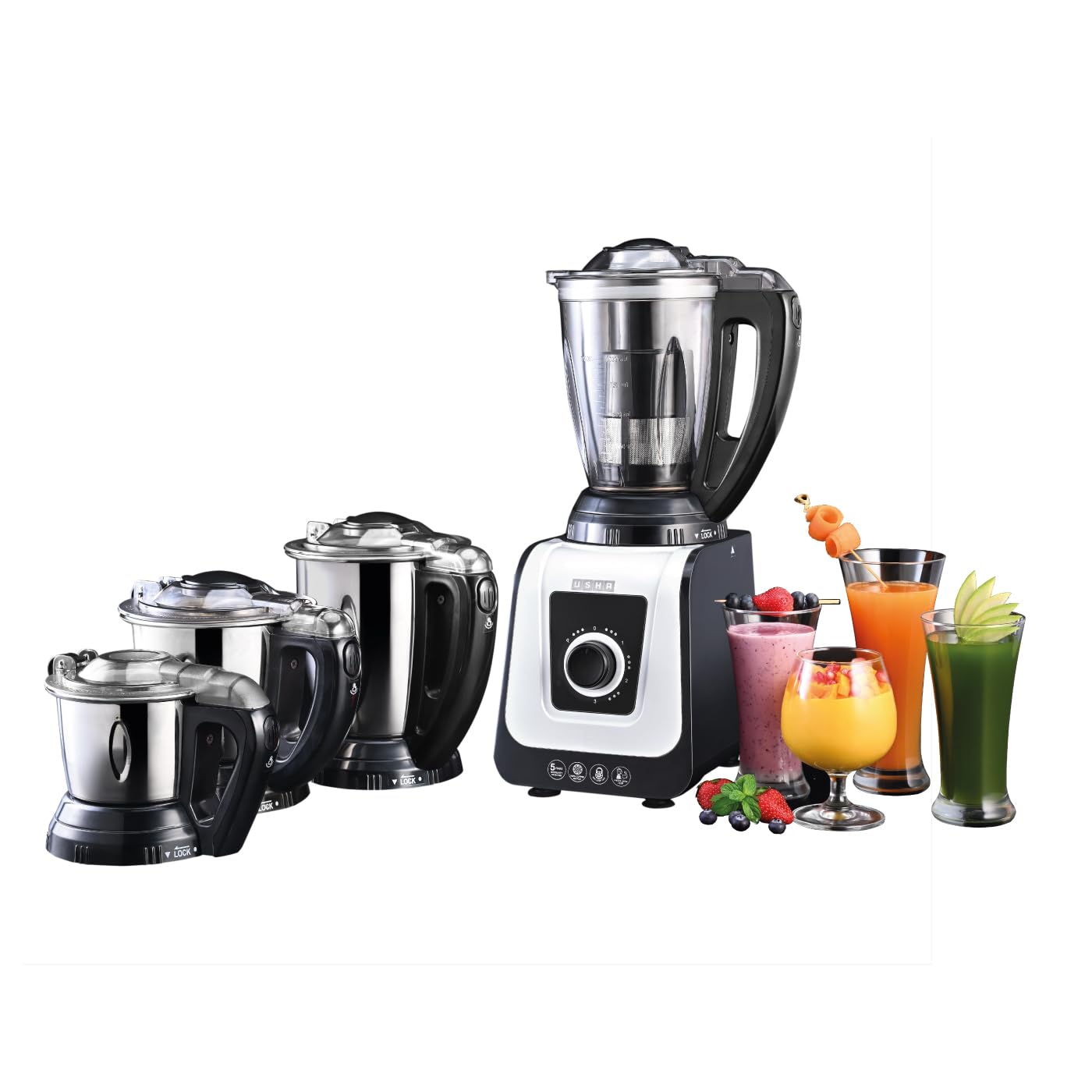 USHA ICHEF 750 Watt Copper Motor Mixer Grinder with 3 SS Jars & Translucent blender PC Jar with fruit filter| Hands Free operation with Dual Safety Lock| 2 Yr Product & 5 Yrs Motor Warranty(Red/Black)