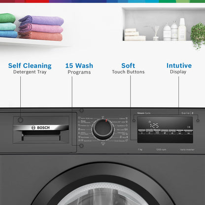 Bosch 7 kg 5 Star Fully-Automatic Front Loading Washing Machine (WAJ24209IN, Black, AI active water plus, In-Built Heater, BLDC Inverter motor, Steam)