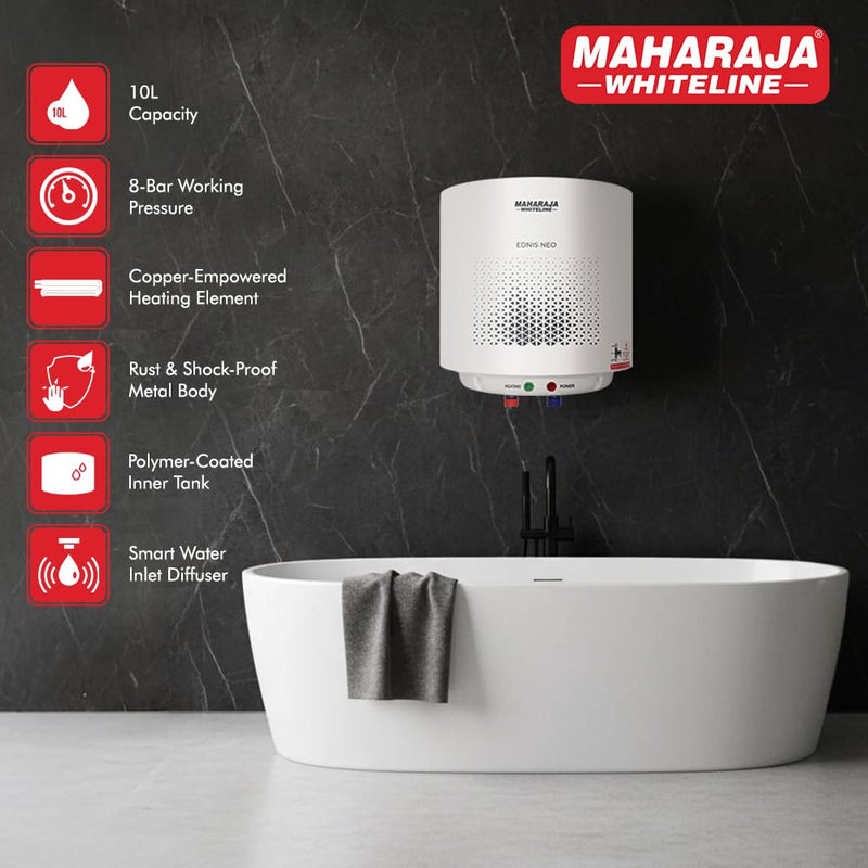 Maharaja Whiteline Energy Efficient Water Heater EDNIS NEO 10L | 4-Star Rated with Polymer-Coated Inner Tank, Smart Inlet Diffuser & Durable Metal Body | Long-Lasting Design with 5-Year Tank Warranty