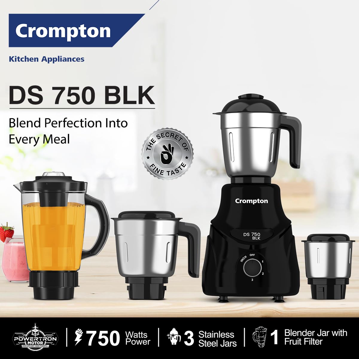 CROMPTON DS 750W Mixer Grinder- 750W Powertron Motor for faster grinding results | Motor Vent-X for durability | 4 Jars (1.5L with FF, 1.5, 1L, 0.4L) 2 Years Warranty on Product & Motor.