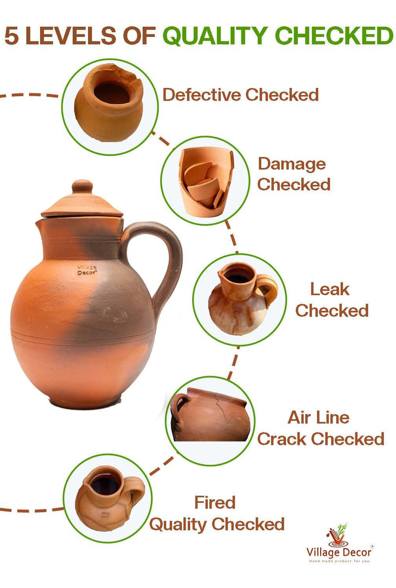 Village Decor Handmade Terracotta Preseasoned Clay Classic Water jug 1.5-2 Liter (Clay jug with lid)