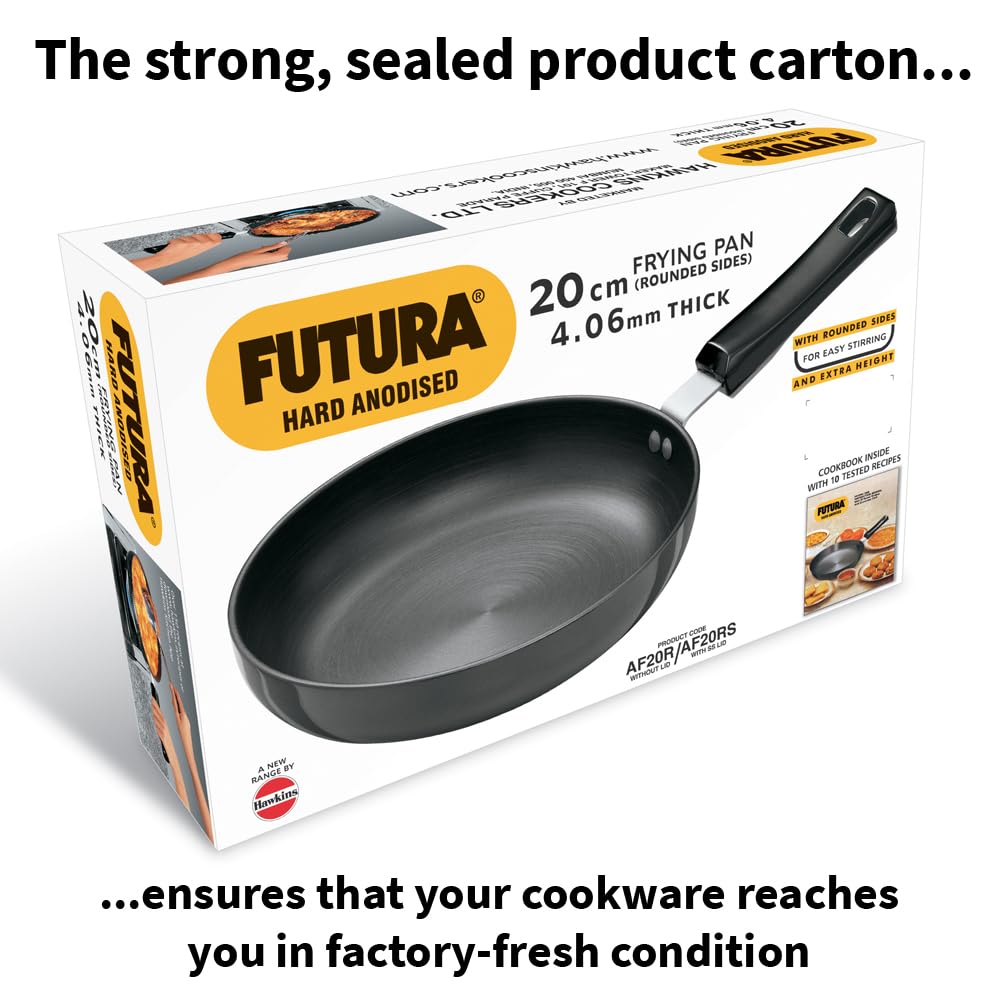 Hawkins Futura 20 cm Frying Pan, Hard Anodised Fry Pan with Stainless Steel Lid with Extra Height and Rounded Sides, Black (AF20RS)