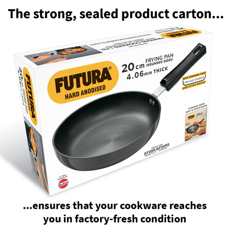 Hawkins Futura 20 cm Frying Pan, Hard Anodised Fry Pan with Stainless Steel Lid with Extra Height and Rounded Sides, Black (AF20RS)