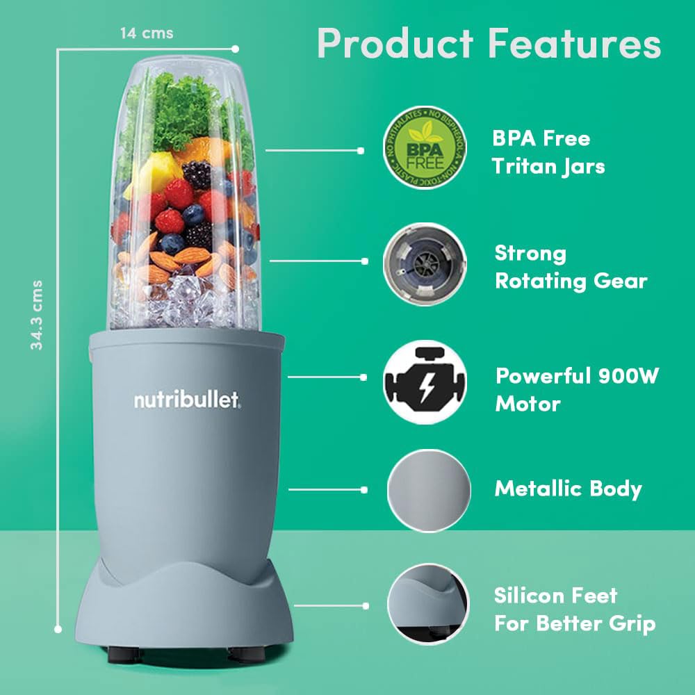 Nutribullet Pro 900W Slate, 12 Pcs Set, USA #1 Mixer/Grinder/Smoothie Maker, "The Original Nutribullet", Best Blender, Food Processor, 3 Unbreakable Jars, 2 Blade Sets(Wet & Dry), 900W, 2 Yrs Warranty