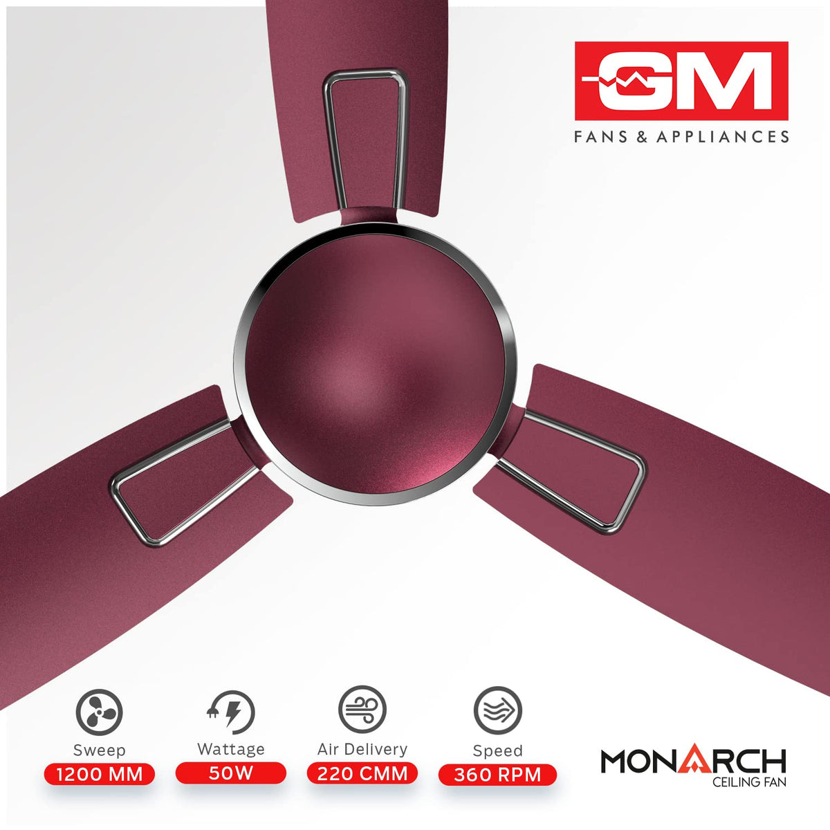 GM Monarch Ceiling Fan Dashing Red 1200 MM 360 RPM 1 Star Rated, Energy Efficient, Anti Dust, High Gloss Metallic Finish Suitable for Living Room-4