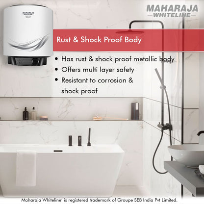 Maharaja Whiteline Aquis Neo Storage wall Water Heater, 10 litre, Glasslined coating, Rust & Shock proof Metal Body, Blue & White Color, Free Installation - AQUIS NEO/WH-167