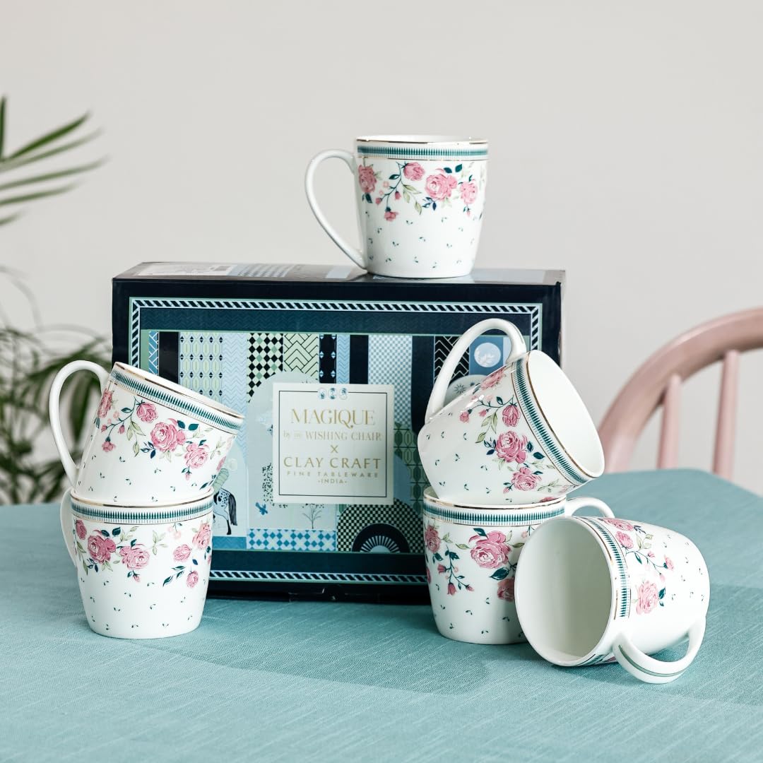 Magique by The Wishing Chair x ClayCraft : Portrait of a Rose Ceramic Chai Mugs - Set of 6 | 180 ml | Elegant Design Mugs for Coffee | Ideal for Gifting | Perfect for Home & Office