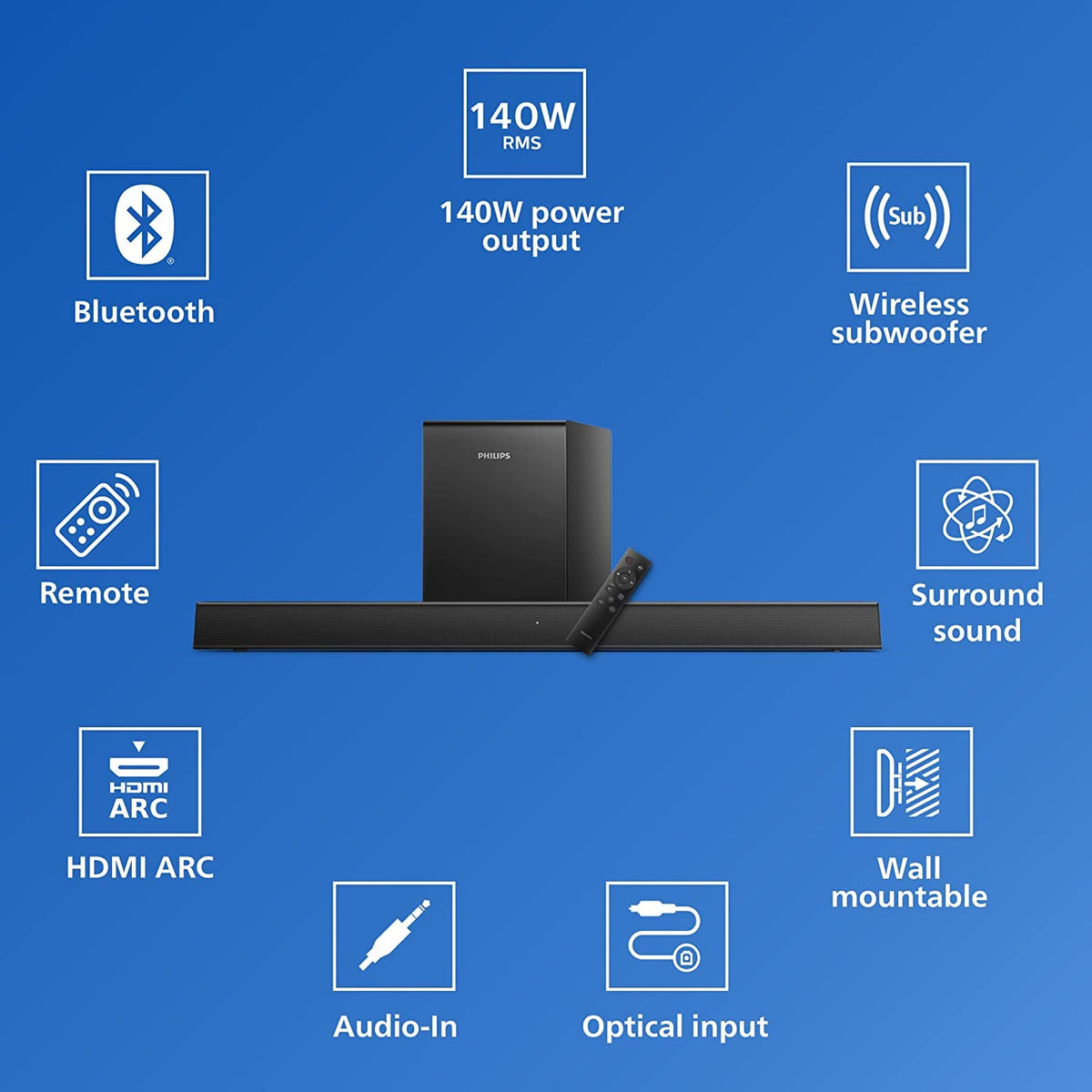Philips Soundbar TAB5305, Wireless Subwoofer, 2.1 Channel, Bluetooth Enabled, Optical Connectivity, HDMI ARC