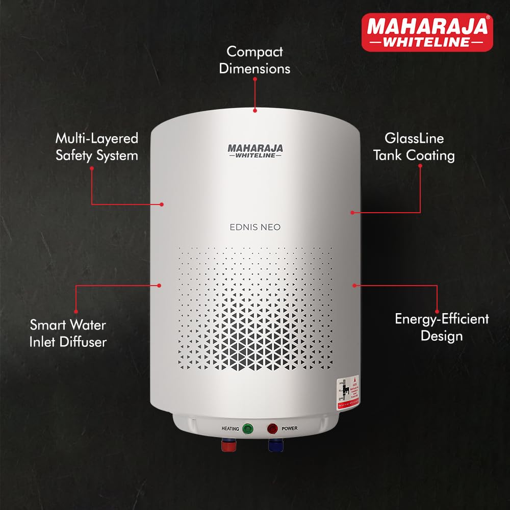 Maharaja Whiteline Energy Efficient Water Heater EDNIS NEO 15L | 4-Star Rated with Polymer-Coated Inner Tank, Smart Inlet Diffuser & Durable Metal Body | Long-Lasting Design with 5-Year Tank Warranty