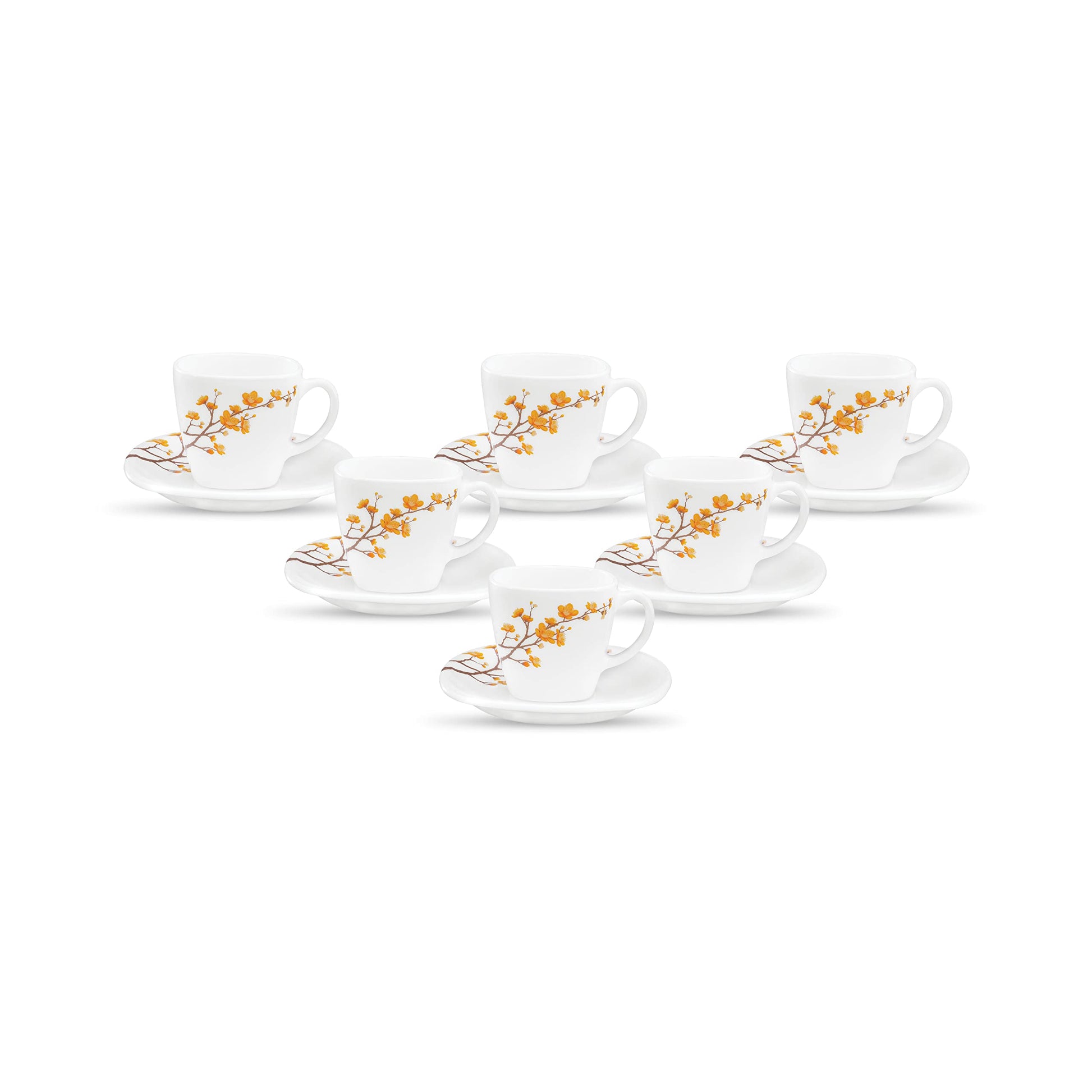 La Opala Diva, Quadra Collection, Opal Glass Cup & Saucer Set 12 pcs, Golden Shades, White, Standard