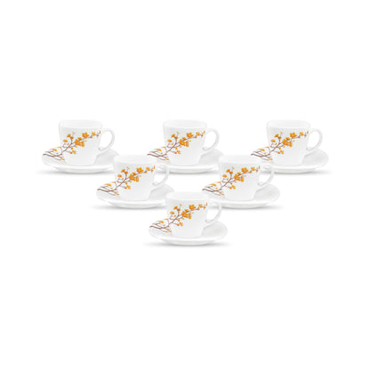 La Opala Diva, Quadra Collection, Opal Glass Cup & Saucer Set 12 pcs, Golden Shades, White, Standard