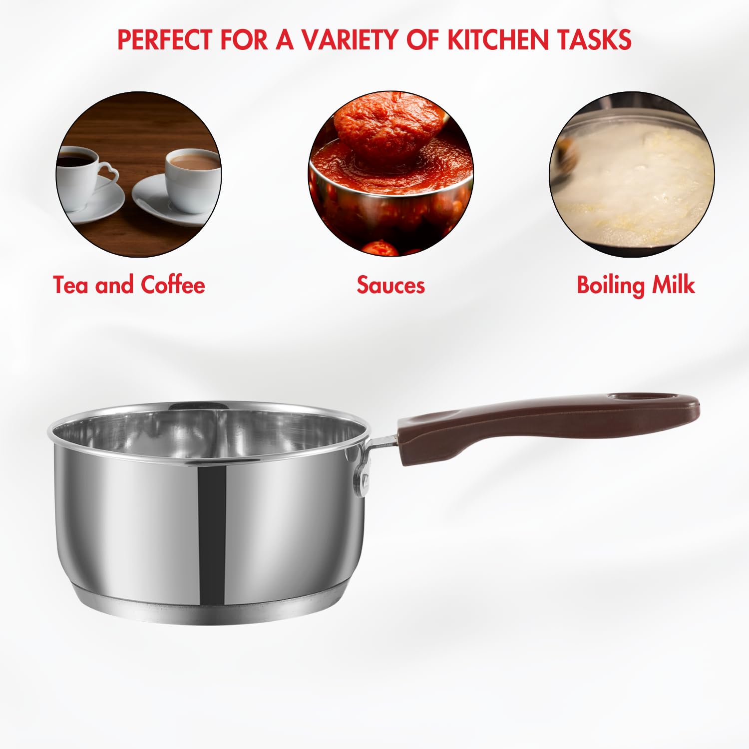 Vinod Stainless Steel Milkpan/Saucepan Set of 2-1 Litre and 1.6 Litre,Tea/Chai Pan,Riveted Sturdy Bakelite Handle,Induction and Gas Base 2 Year Warranty