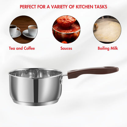 Vinod Stainless Steel Milkpan/Saucepan Set of 2-1 Litre and 1.6 Litre,Tea/Chai Pan,Riveted Sturdy Bakelite Handle,Induction and Gas Base 2 Year Warranty