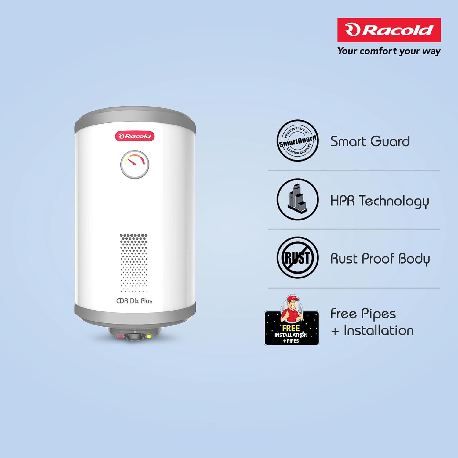 Racold CDR DLX Plus 35L Vertical Energy Efficient Storage Water Heater(Geyser) with Free Standard Installation & Pipes | Temperature Display | Temperature Knob | Titanium Enameled Coating