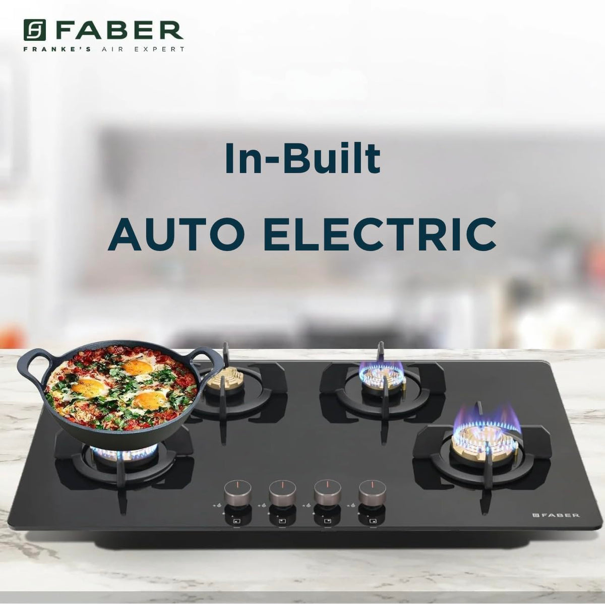 Faber 4 Burner 90cm Hob/Cooktop Hybrid | Auto-Ignition| Metal Knobs|Cast Iron Pan Support|Black Glass Finish |5 Yrs Warr