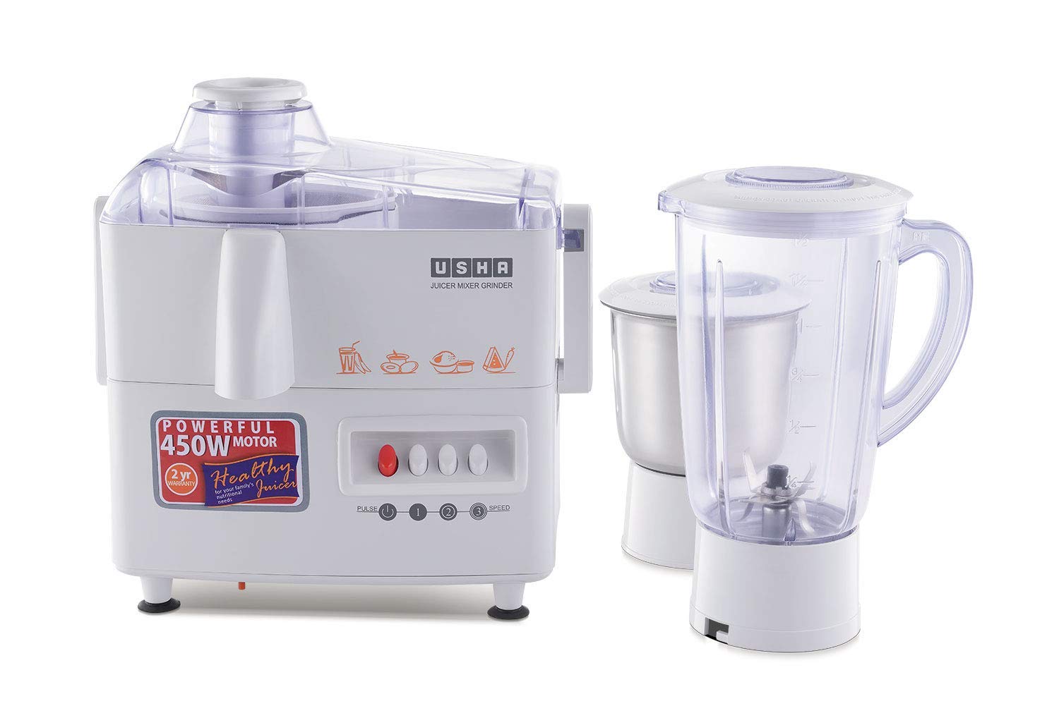 Usha 3345 450-Watt Juicer Mixer Grinder with 2 Jars (White)