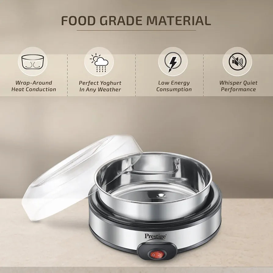 Prestige Electric Yoghurt Maker with Storage Lid| Stainless Steel Inner Pot| Low Energy Consumption| 360 Degree Uniform Heating| PYM 02